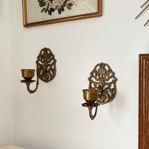 Vintage Pair of Ornate Brass Scroll Candle Wall Sconces